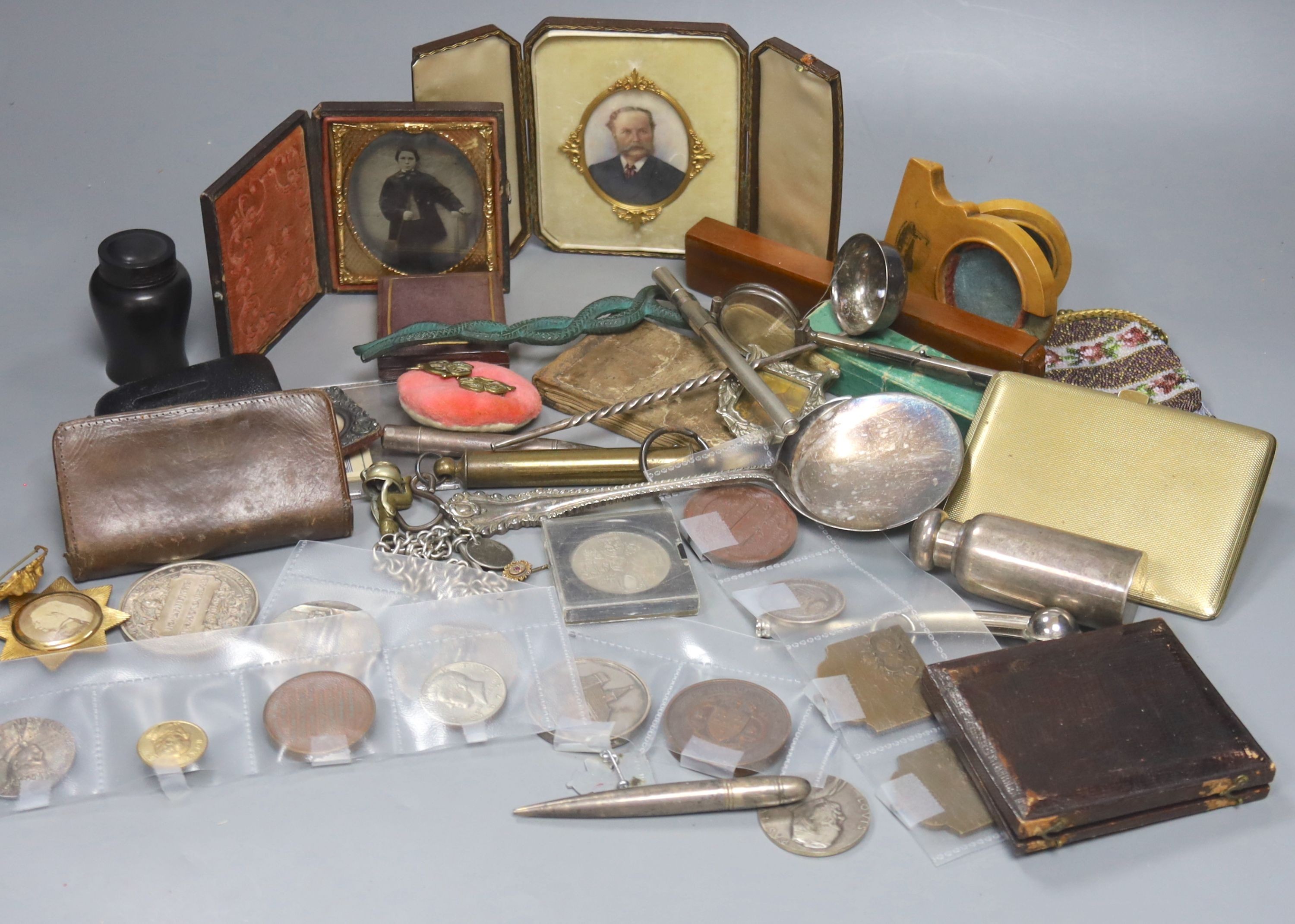 A box of objects of vertu, portrait miniature, coins and medals